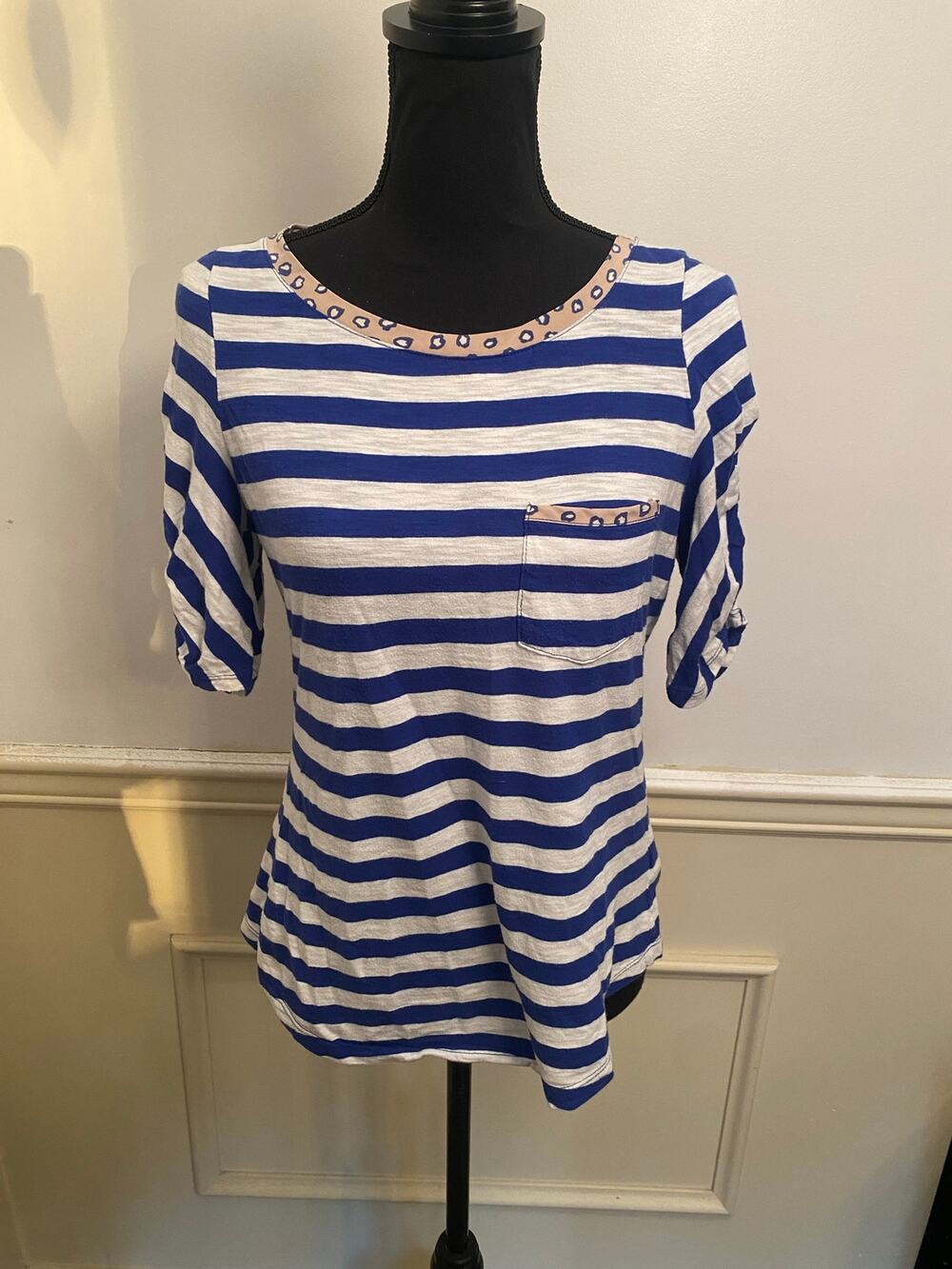 Anthropologie Postmark Blue White Striped Mixed Media Pocket Tee Ruched Sleeve